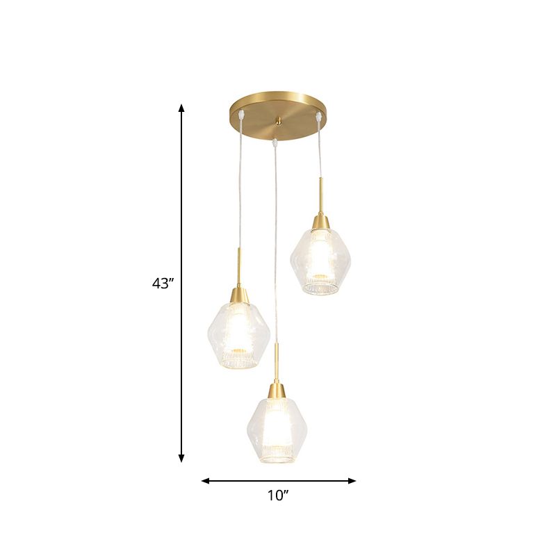 Dual-Shade Diamond Ceiling Hand Lamp Modern Clear Glass 3-Bulb Gold Round/Linear Canopy Cluster Pendant Light