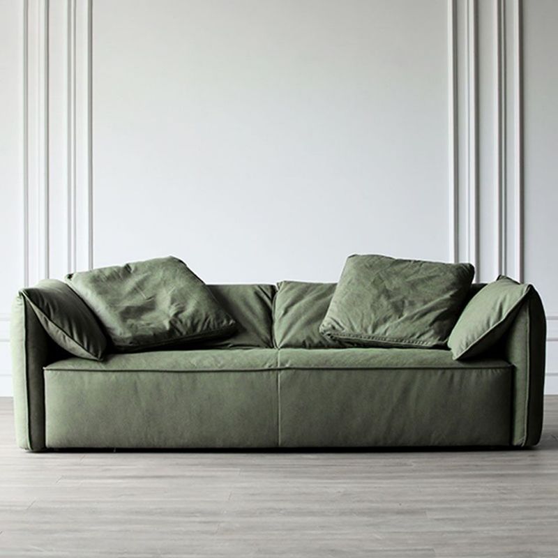 Living Room Faux Leather Settee Green Slipcovered Sofa with Pillow Top Arm