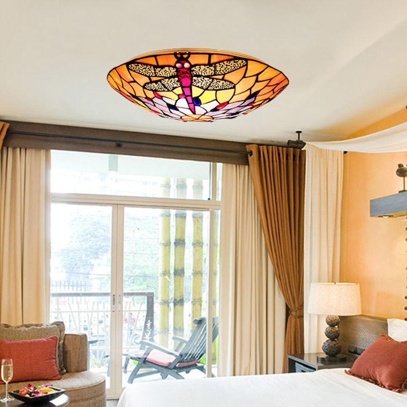 3 Bulbs Flush Mount Tiffany Style Dragonfly Pattern Handcrafted Glass Flushmount Ceiling Light