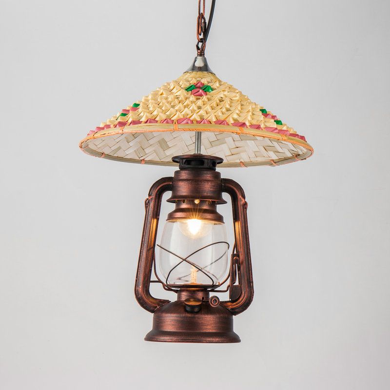 Coastal Lantern Pendant Lamp 1 Bulb Clear Glass Hanging Light Fixture with Hat Bamboo Top