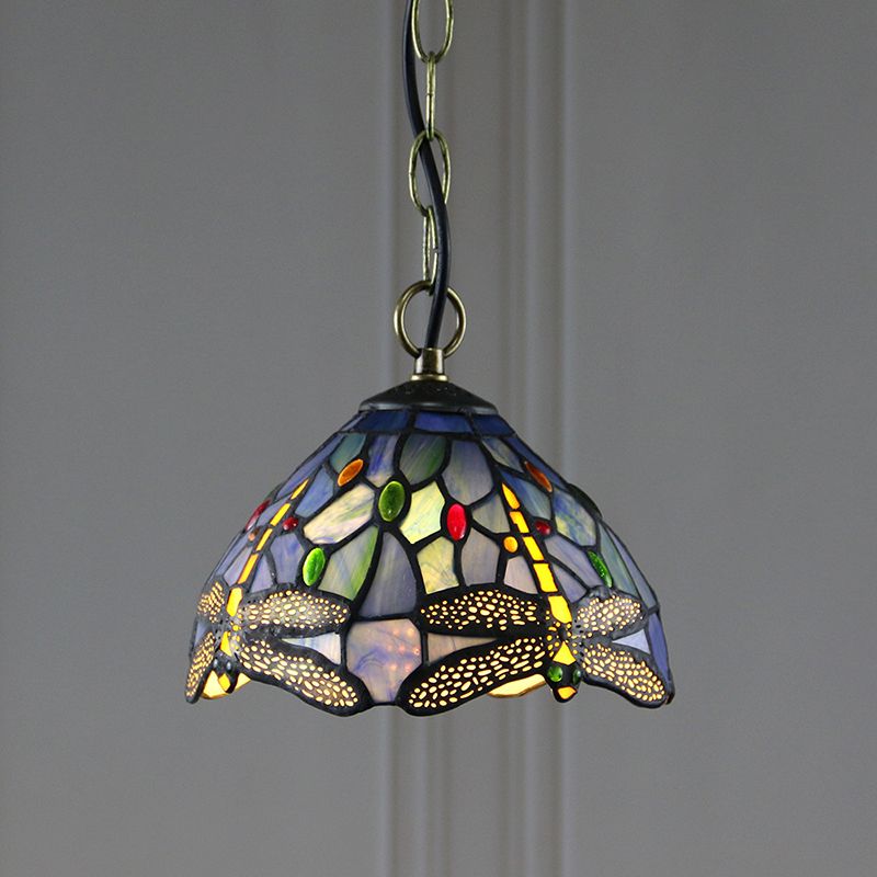 Stained Glass Domed Hanging Ceiling Light Tiffany Style Blue Pendant Lighting Fixture