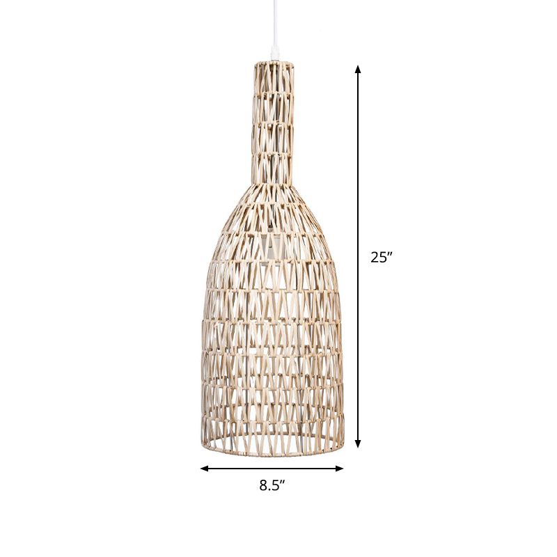 Khaki Woven Bottle Ceiling Hang Fixture Asian 1-Light Bamboo Rattan Hanging Pendant Lighting