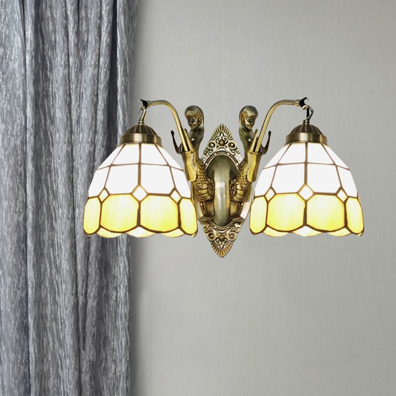 2-Head Domed Wall Mount Lighting Tiffany Dark Blue and White/Orange and White Stained Glass Mermaid Wall Sconce with Grid Pattern