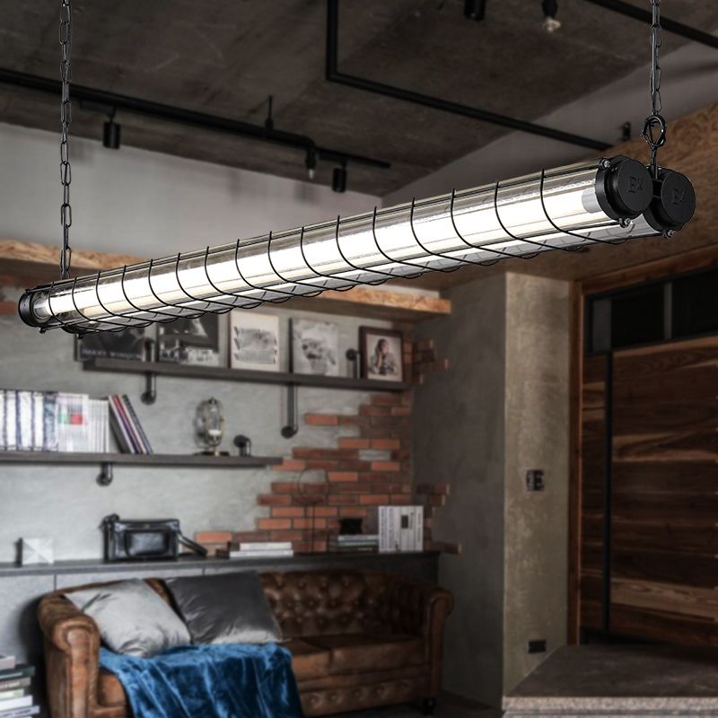 Black Metal Island Light Fixture Industrial Cylinder LED Hanging Lamp with Glass Shade