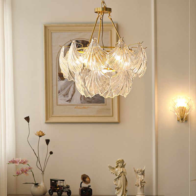 American Shell Chandelier Glass Multi Light Hanging Light in Gold for Bedroom