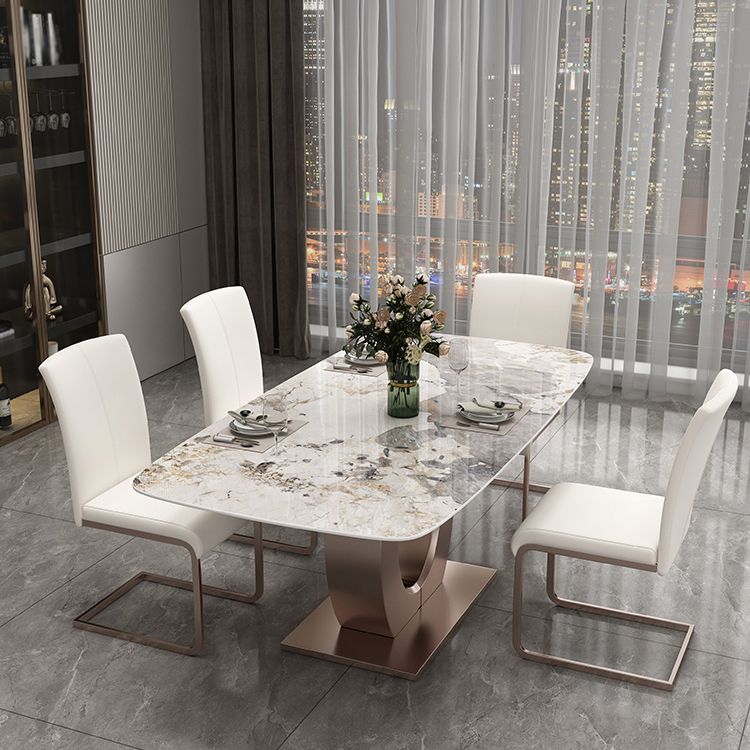 Luxury Sintered Stone Top Table Rectangle Indoor Table with Gold Metal Pedestal