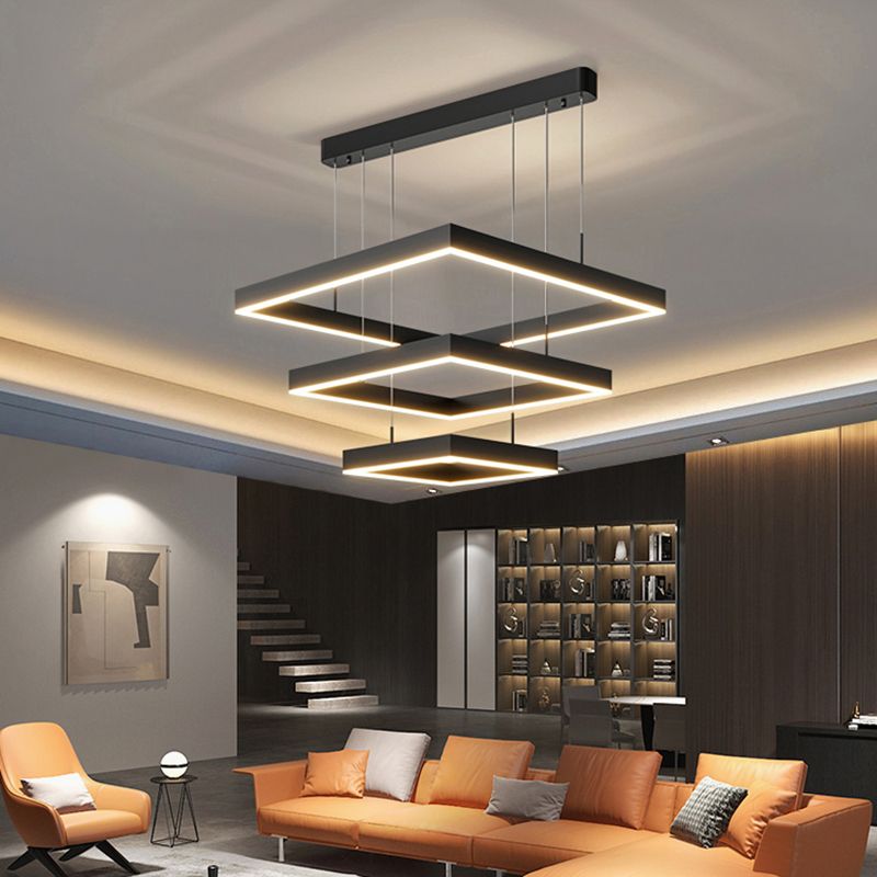 Modern Black Chandelier Multiple Squares Chandelier Lights Rectangular Metal Chandelier