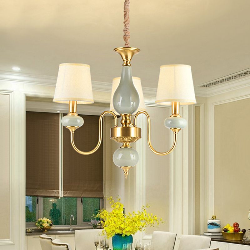 Brass Swooping Arm Chandelier Lighting Fixture Classic Metal 3 Lights Dining Room Hanging Lamp with Cone Fabric Shade