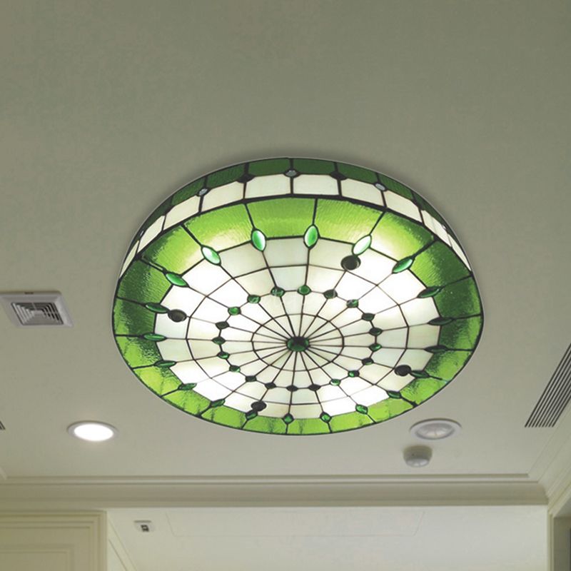 Green Round Ceiling Light Fixture Retro Style Stained Glass 3 Lights Flush Mount Ceiling Fixture