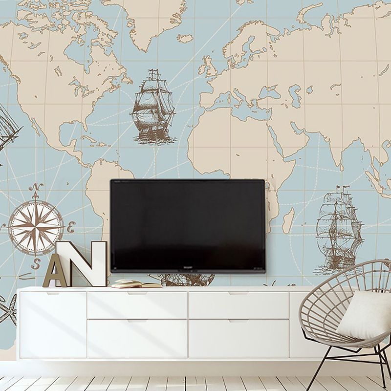 Whole Illustration Mid Century Mural for Living Room with World Map and Sailing Boat in Pastel Blue
