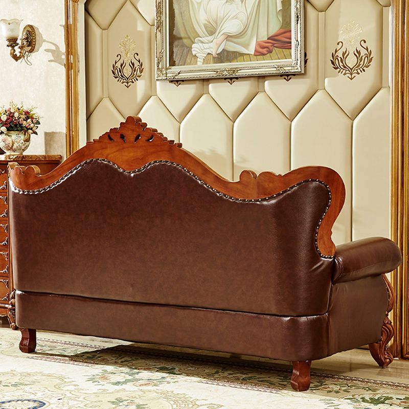 Ornate Traditional Tufted Split-Back Seating Flared Arm Sofa with Pillows in Brown