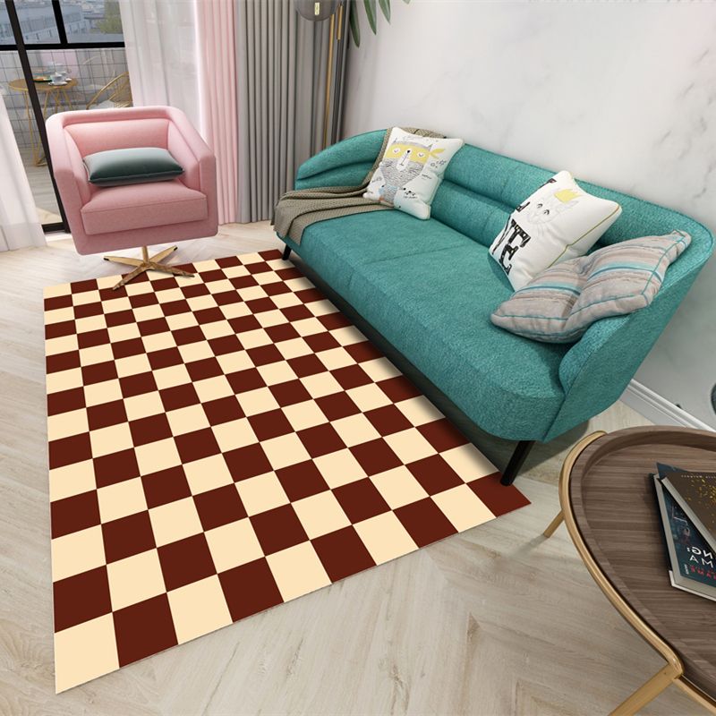 Sapphire Blue Modern Rug Polyester Grid Rug Washable Rug for Living Room