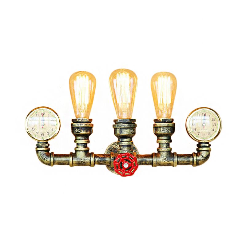 3 Lights Pipe Wall Lighting with Gauge and Valve Decoration Rustic Stylish Antique Brass Metal Wall Mount Light