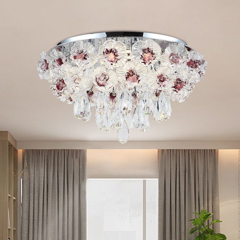 Lampada da soffitto a 3 luci con montaggio a incasso Lampada da soffitto contemporanea con fiori in cristallo trasparente per soggiorno