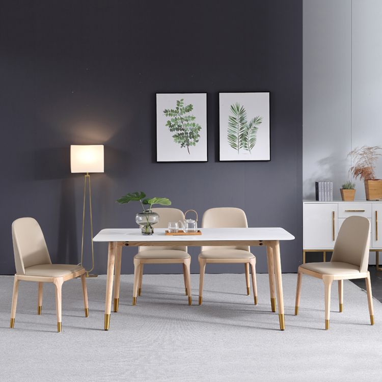Mesa de comedor rectangular moderna de piedra sinterizada, mesa superior de piedra blanca con 4 patas de madera