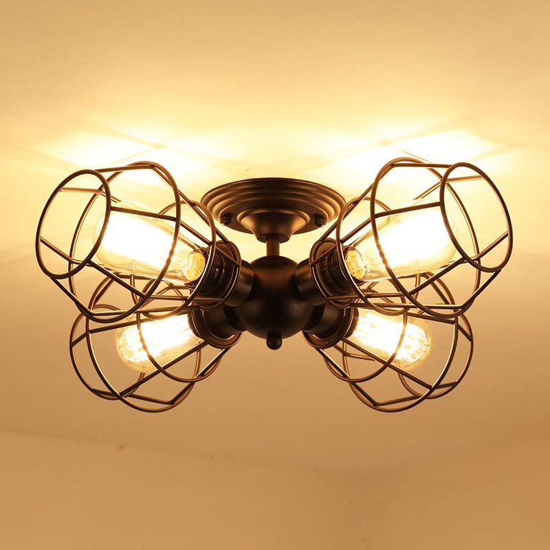 Käfig Schatten Metall halb Flush Pendelleuchte Industrie 4 Köpfe Schwarze Halbmontage Beleuchtung für Wohnzimmer