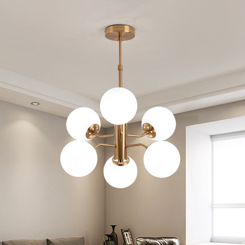 Milky Glass Ball Ceiling Chandelier Contemporary 6 Heads Suspended Lighting Fixture in Gold