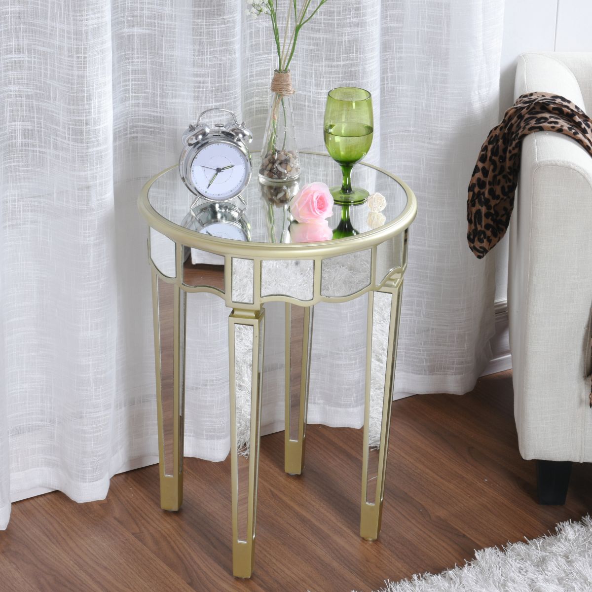 Round Glass Top Side End Table Modernistic Solid Wood 4 Legs End Table