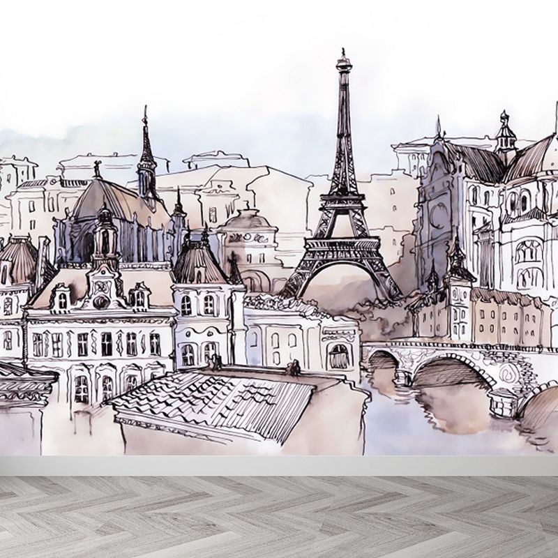 Grey Sketch Cityscape Mural Wallpaper Landmark Global Inspired Washable Wall Covering