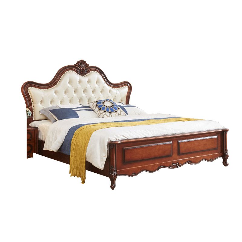 84.65 inch Wide Victorian Bed Rubberwood Bed Frame with Upholstered Headboard