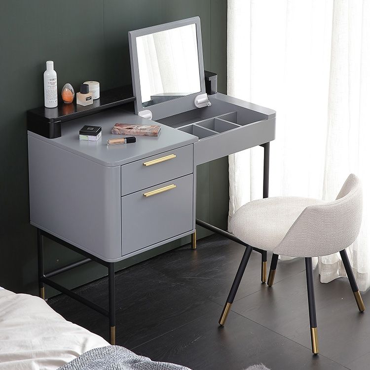 Modern Flip Single Wood Vanity with Padded Stool Lighted Mirror Vanity Desk