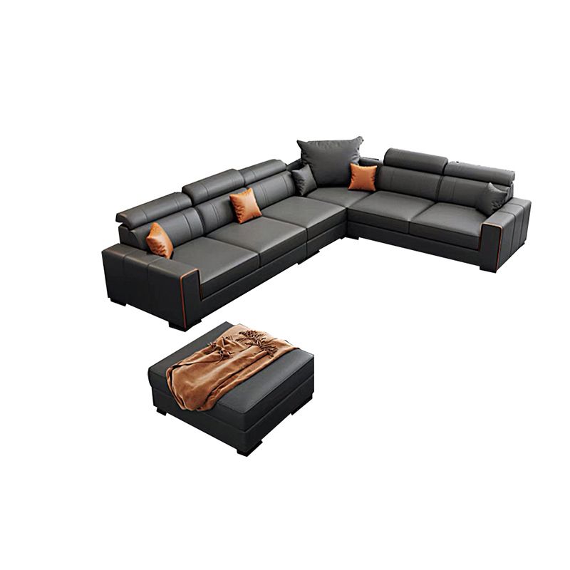 Dark Grey Faux Leather Sectional with Square Arm for Living Room