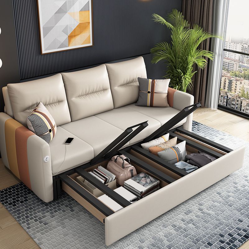 Faux Leather Sofa Stain Resistant Sewn Pillow Back Sofa Bed in Light Brown