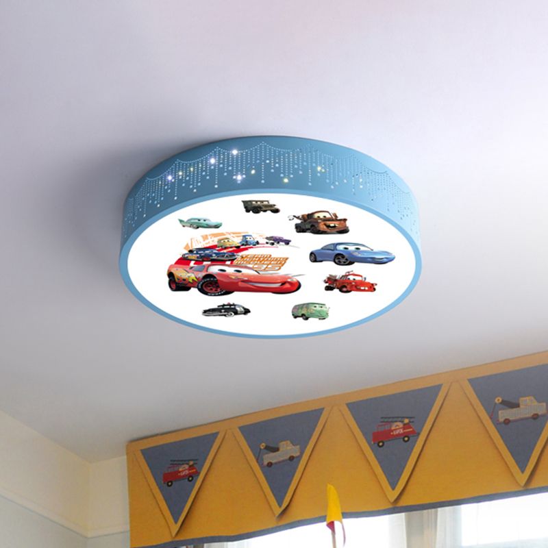 Plafonnier rond à motifs de voiture de dessin animé, éclairage encastré LED en fer pour chambre de garçon en bleu