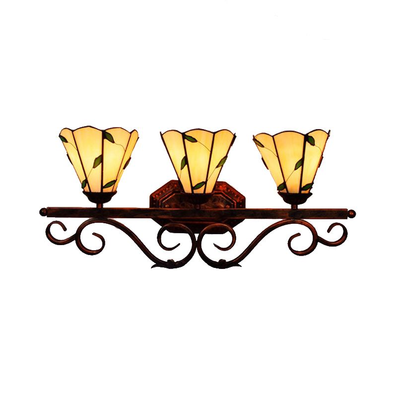 3 Lights Leaf Wall Sconce Lighting Stained Glass Rustic Wall Mount Light in Copper Finish for Bedroom