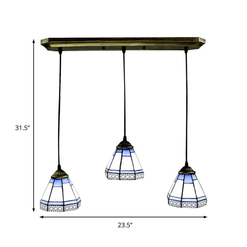 Stained Glass Tapered Swag Lamp Tiffany-Style 3 Heads Blue and White Cluster Pendant Light with Round/Linear Canopy
