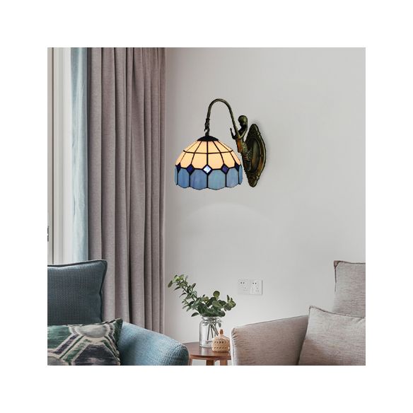 Blue Dome Sconce Light Mediterranean 1 Head White Glass Wall Mount Light with Mermaid Decoration