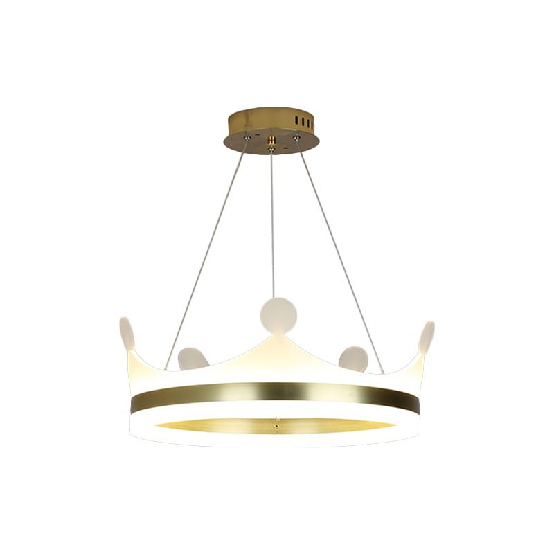 Kids Crown Hanging Lamp Metallic Girls Bedroom LED Chandelier Light in Gold, Warm/White Light