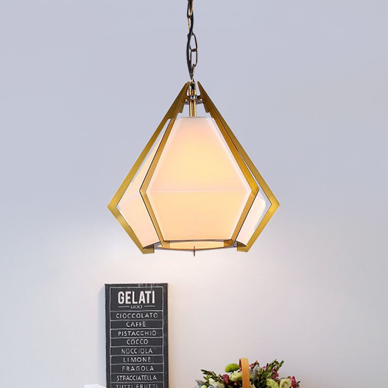 Diamond Restaurant Ceiling Pendant Lamp Colonialism White/Smoke Gray/Tan Glass 1 Bulb Gold Hanging Light Fixture