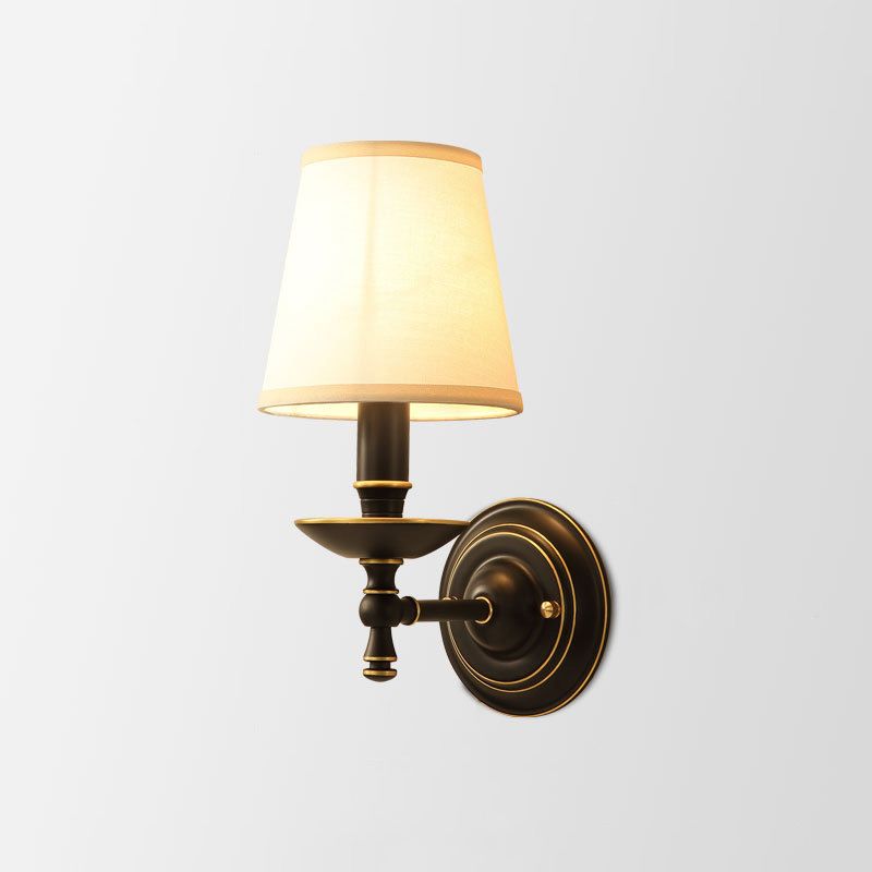 Single-Bulb Wall Sconce Vintage Candlestick Metal Wall Mounted Lamp with Tapered Fabric Shade in Black