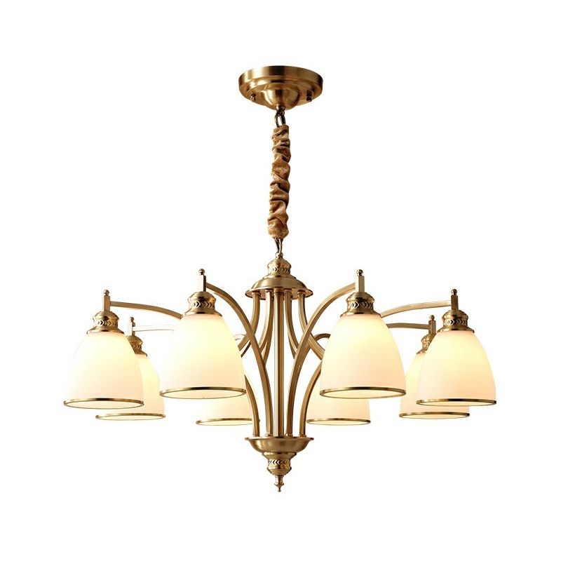 Gold Bell Chandelier Lighting Classic Cream Glass Living Room Pendant Light Fixture