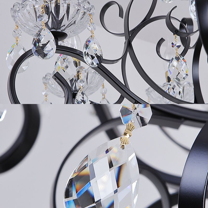 Black American Rustic Style Large Chandelier Vintage Candlestick Design Metal Pendant Light with Crystal Drops