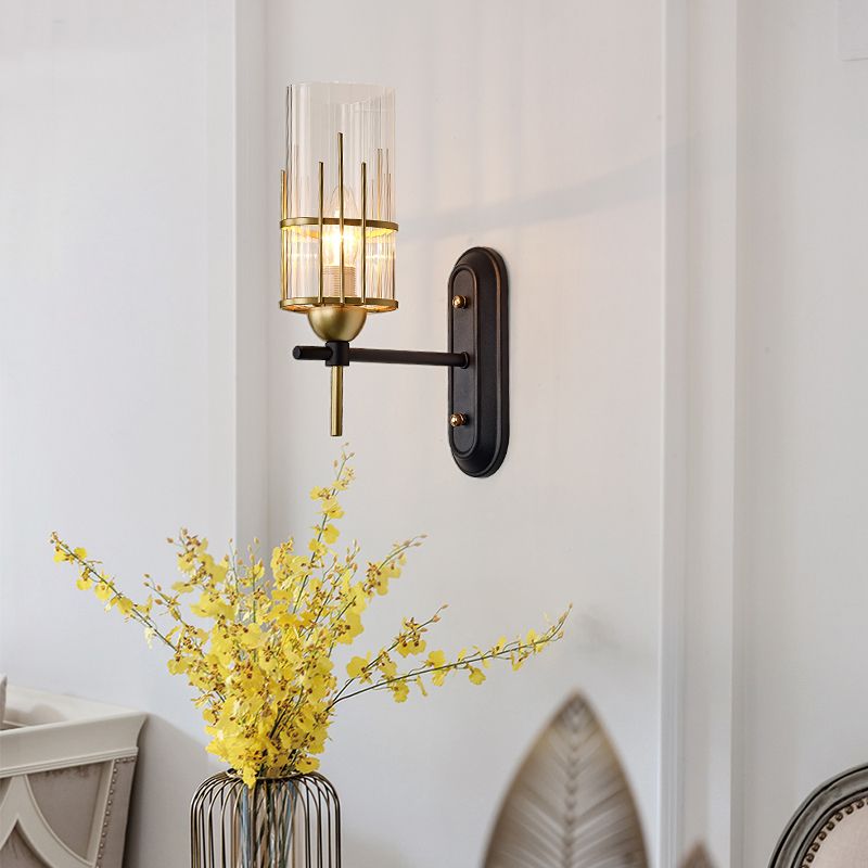 Black Armed Sconce Traditionary Metal 1 Head Wall Mounted Lighting with Clear Glass Cylinder Shade for Bedside