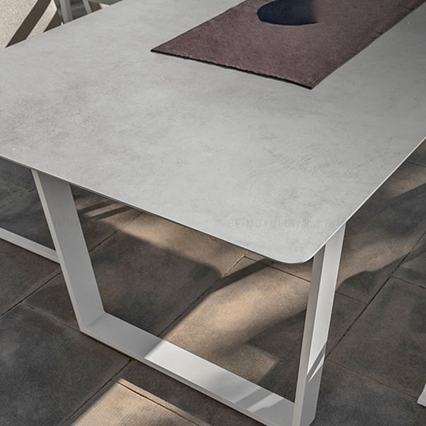 Modern Rectangle Patio Table Outdoor Stone Top and Steel Frame Dining Table