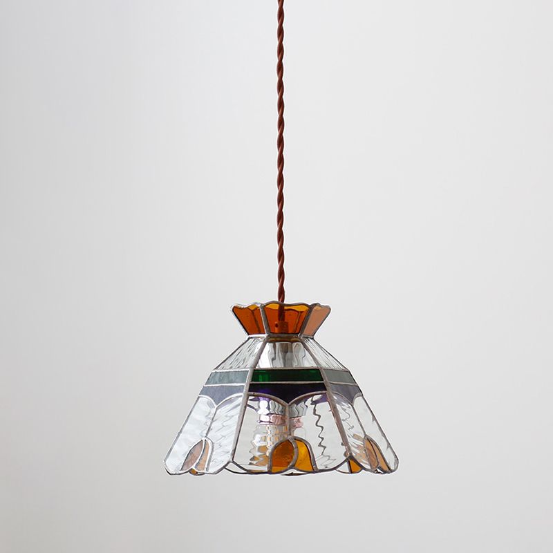 1-Light Bell Hanging Lamp Tiffany Coffee Finish Stained Glass Pendant for Dining Room