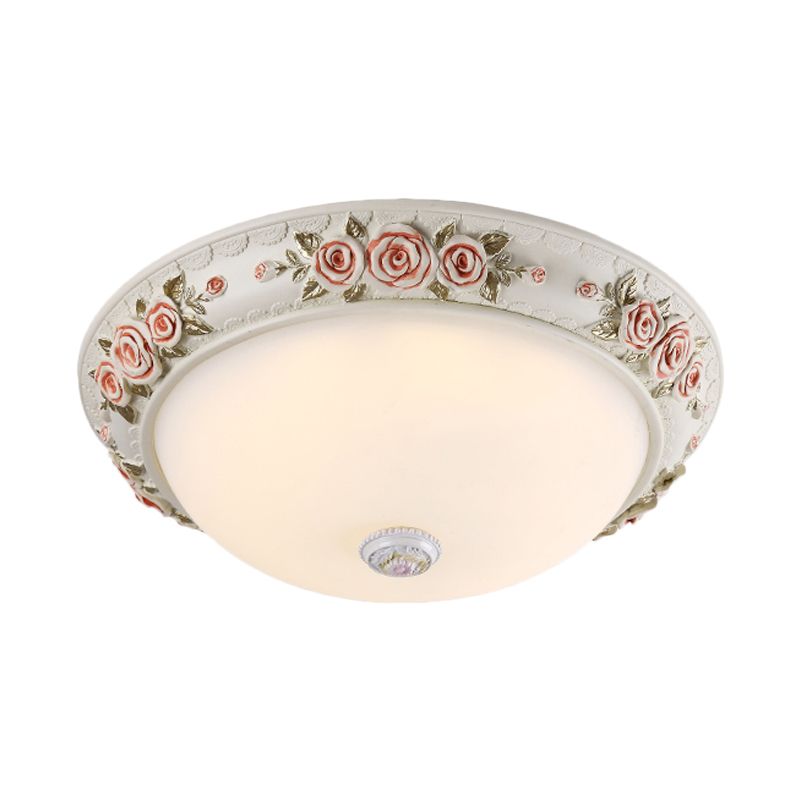 12"/16" Wide Domed Ceiling Mounted Light Korea Countryside White Glass Flush Lamp Fixture with Rose Deco
