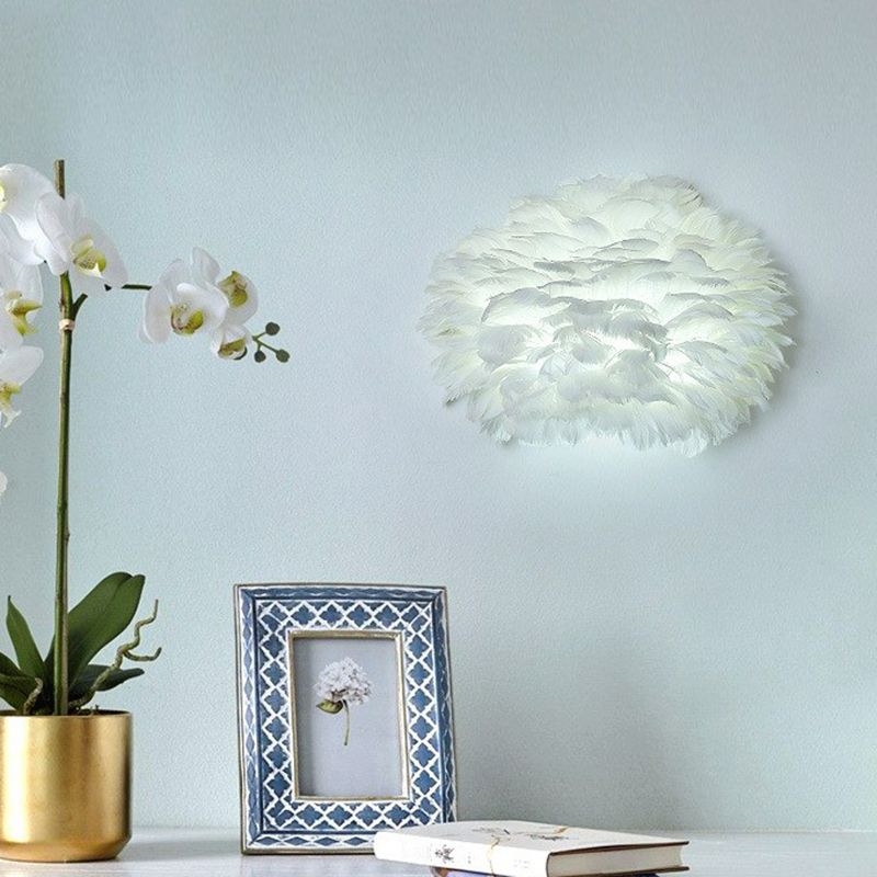 White Floral Wall Mount Light Minimalist 1 Head Feather Sconce Fixture for Bedroom