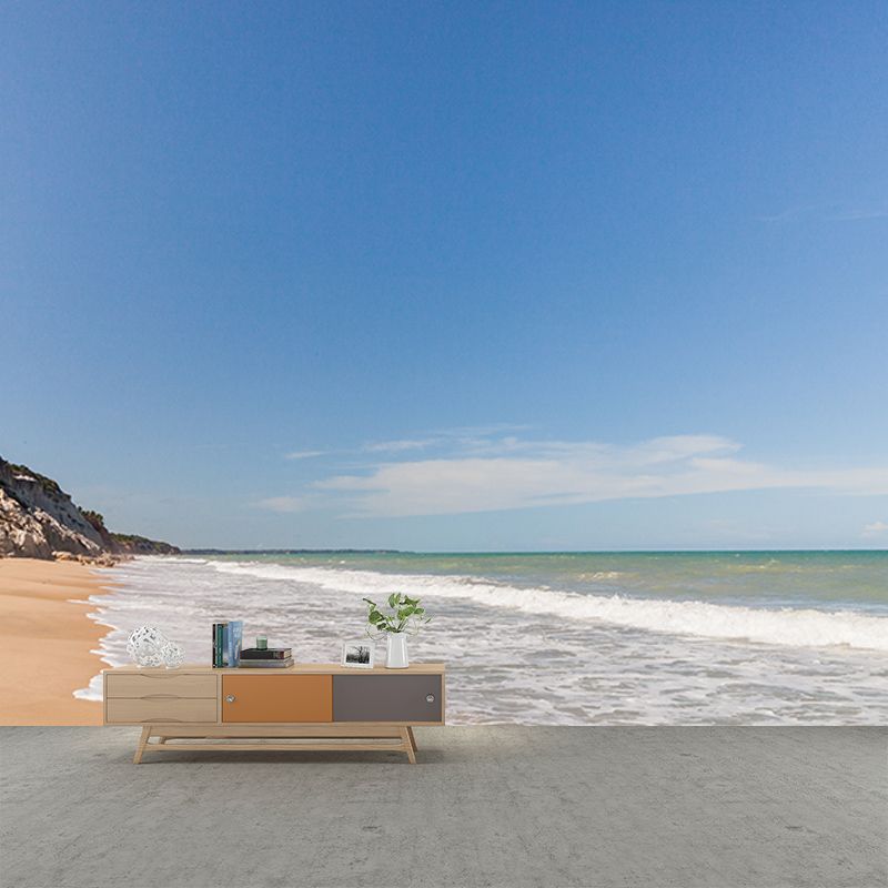 Blue Beach Landscape Wall Mural Mildew Resistant Wallpaper for Dining Room