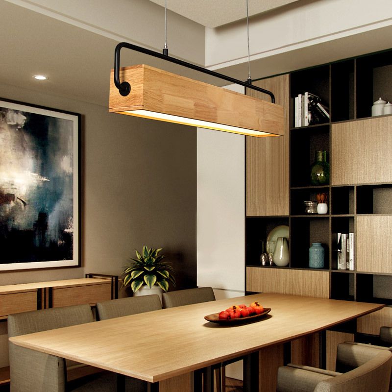 Modern Nordic Strip Island Pendant Lighting Rectangular Wood Restaurant Linear Chandelier