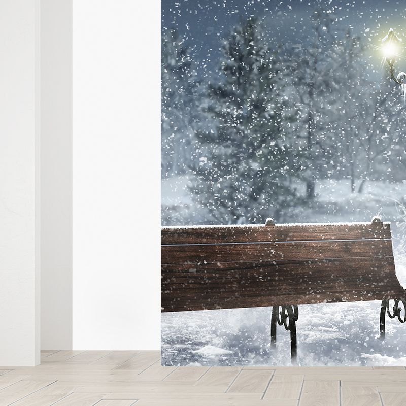 Blue Snowscape and Bench Mural Wallpaper Forest Contemporary Stain proof Wall Art
