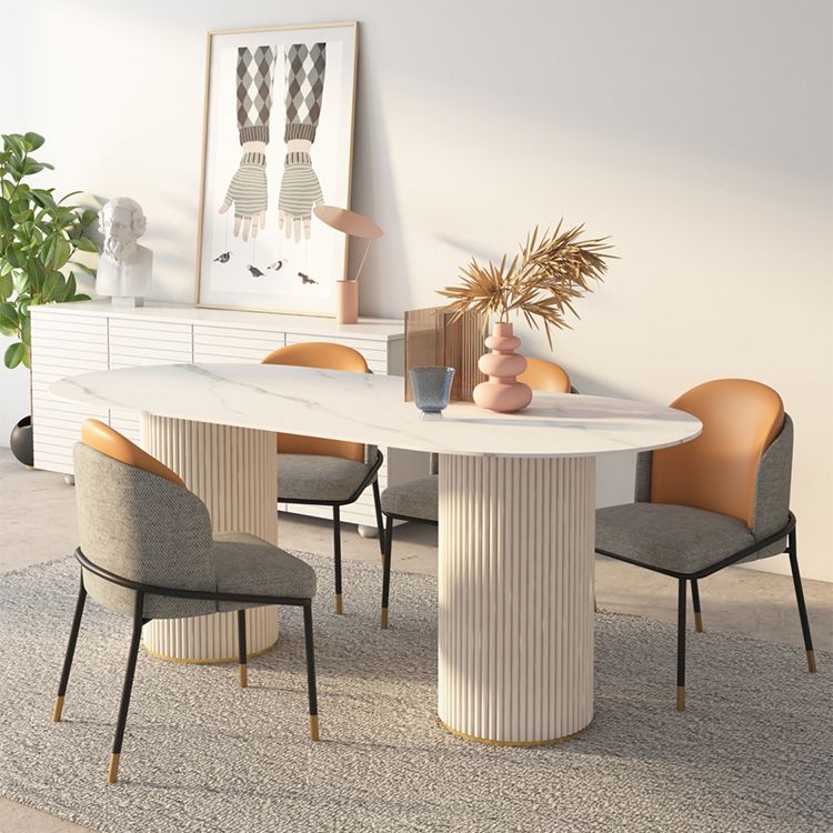 Moderne witte tafel van gesinterd steenblad voor restaurant Ovale tafel met dubbele voetstukbasis