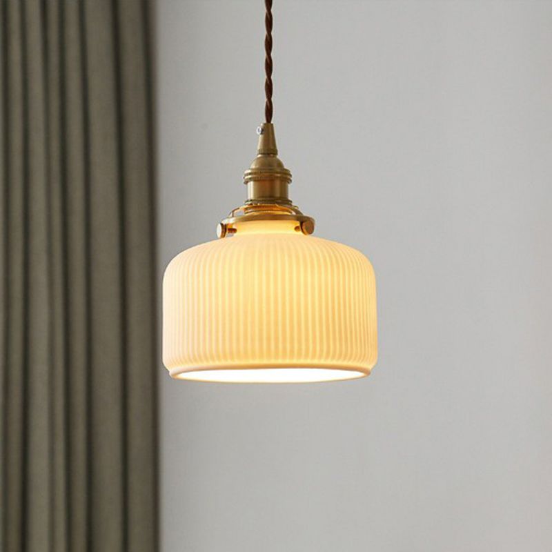 Retro Style Rounded Drum Suspension Lighting 1 Head Ceramic Pendant Ceiling Light in Brass