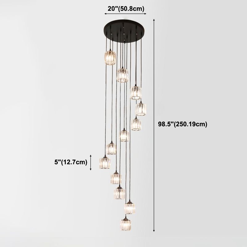 Lacquered Iron Black Hanging Lamp in Modern Luxury Style Crystal Cylindroid Pendant Light for Stairs