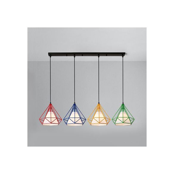 Lámpara colgante de jaula de alambre de 5 luces con sombra de diamantes marrón industrial/multicolor de metal y tela luz colgante