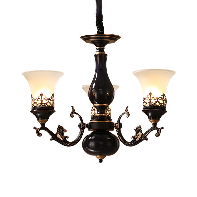 Black Bell Shaped Ceiling Suspension Lamp Countryside Frosted Glass 3/5/6 Heads Living Room Chandelier Lighting