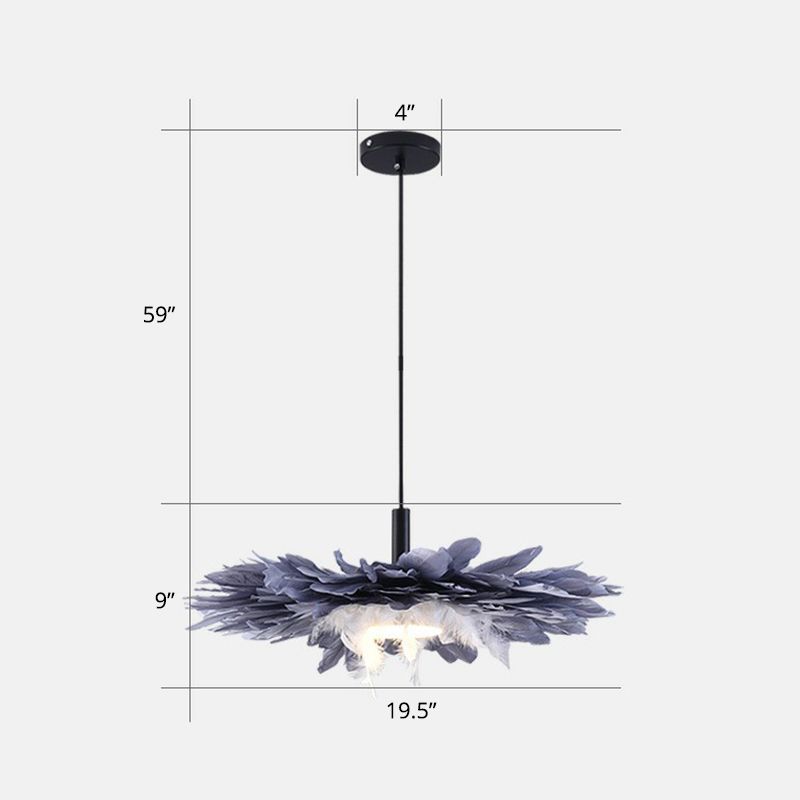 Floral Feather Hanging Light Fixture Artistic 1 Head Black and Blue Pendant Lamp for Bedroom